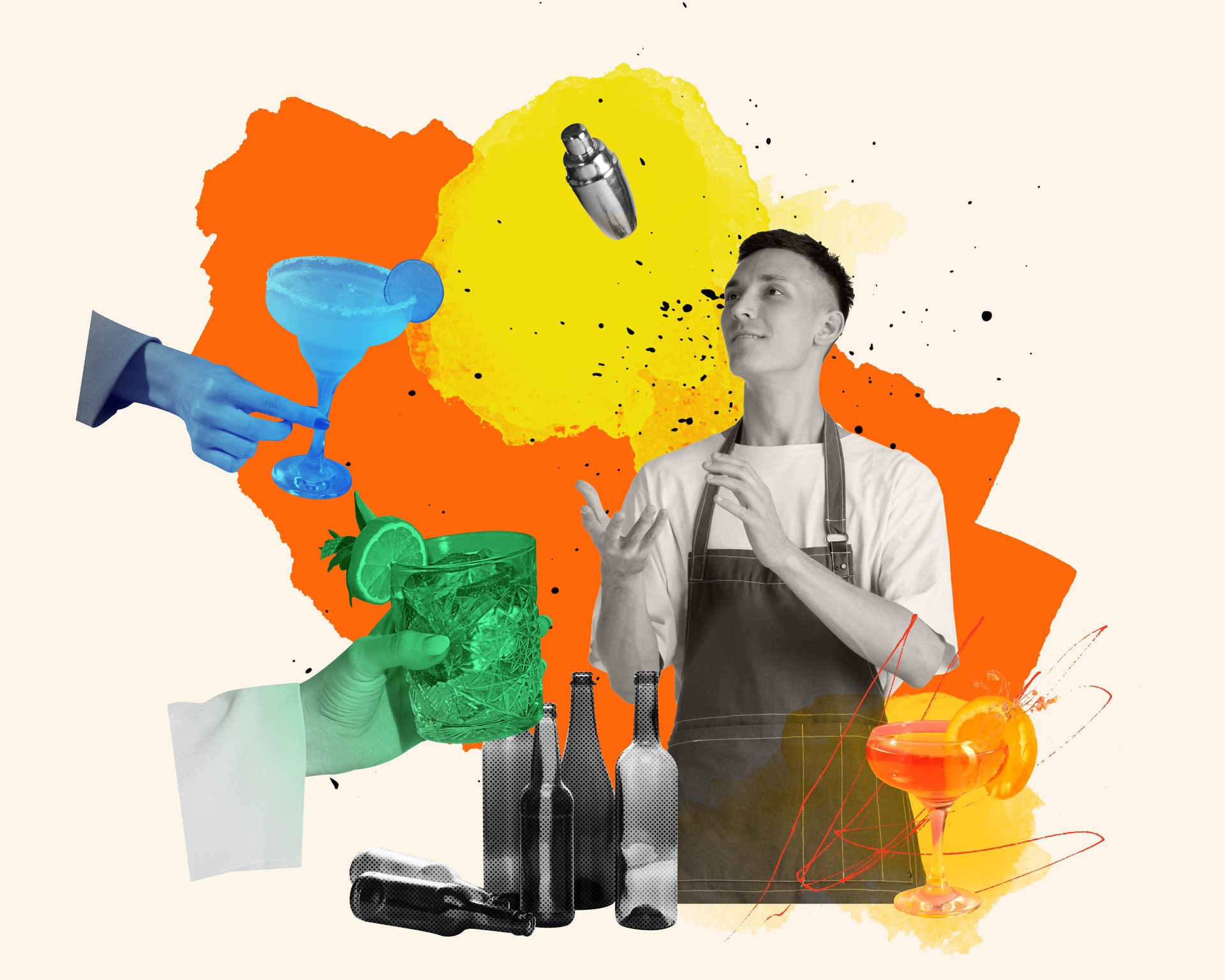 Young guy, barman working in bar, making delicious cocktails. Party and drinks. Contemporary art collage.